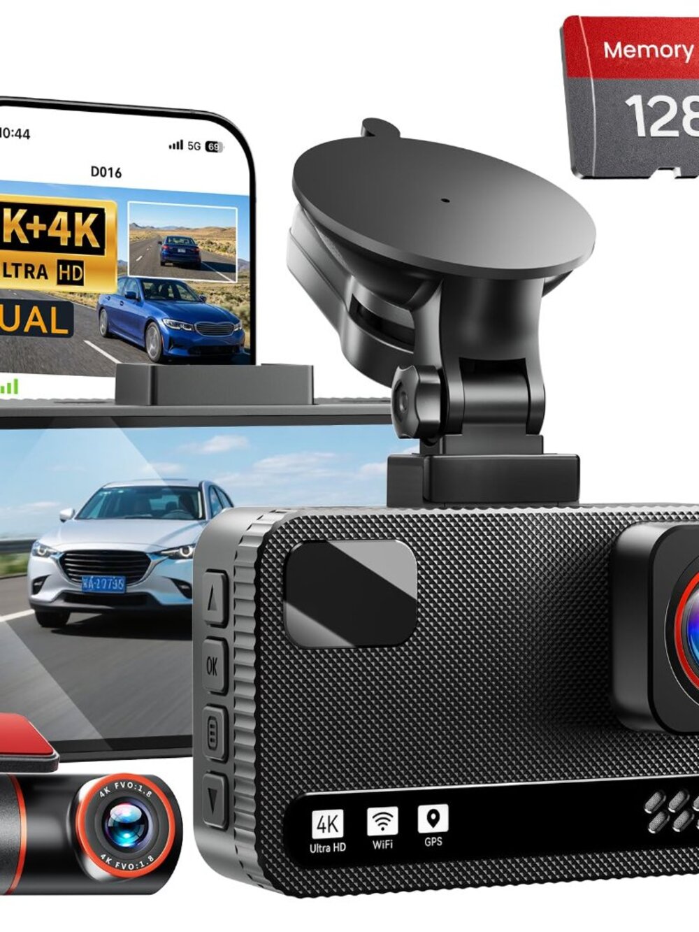 Dual 4K Dash Cam Front and Rear Camera with 128GB SD Card 3" Screen Black